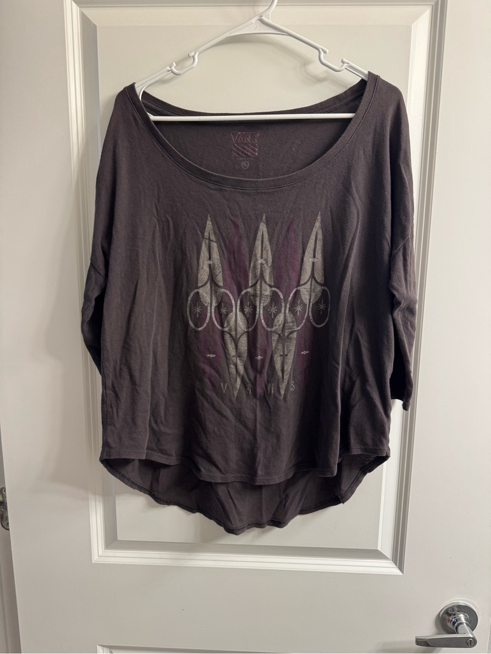 Vans Women's Long Sleeve Scoop-Neck Top - Charcoal with Purple Graphic